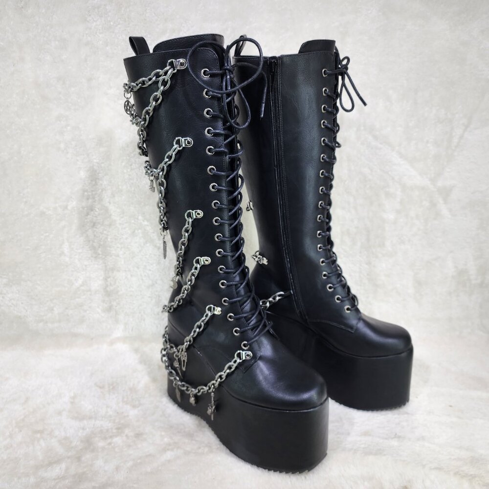 Black Goth Knee Boot 6 " Wedge Platform W/ Chains Charms